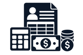 Financial document, calculator, cash, and coins icon in dark blue and white