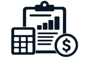 Calculator, clipboard with rising bar chart, and dollar coin icon representing finance and budgeting