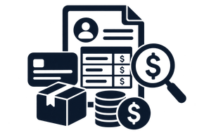 Business and finance icons: invoice, credit card, box, stacked coins, and magnifying glass with dollar sign