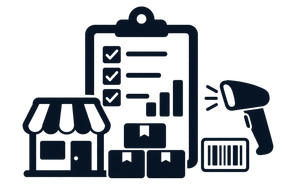 Retail inventory and sales icons: storefront, checklist clipboard, boxes, barcode, and scanner