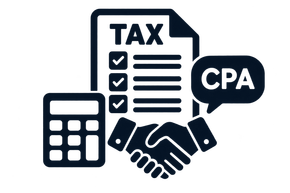 Tax document, calculator, handshake, and CPA speech bubble in black and white icon style