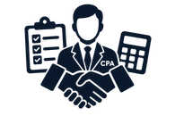 CPA consultant icon with handshake, clipboard checklist, and calculator in dark blue