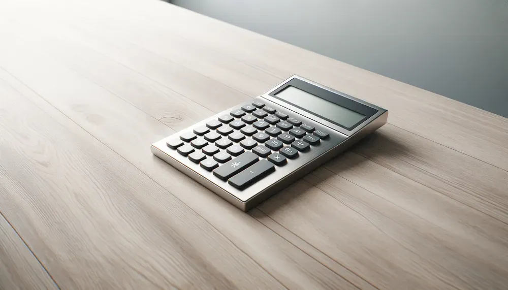 Silver calculator on a light wooden desk with a blank display, angled slightly to the right.
