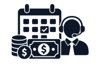 Customer support and payment icon with calendar, headset agent, and dollar bills in dark blue