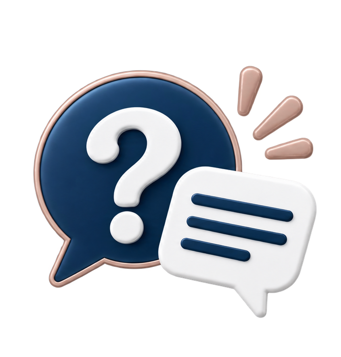 Blue speech bubble with white question mark and a smaller white chat bubble with text lines