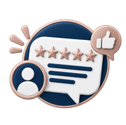 Star rating review icon with speech bubble, user avatar, and thumbs-up badge in blue and gold