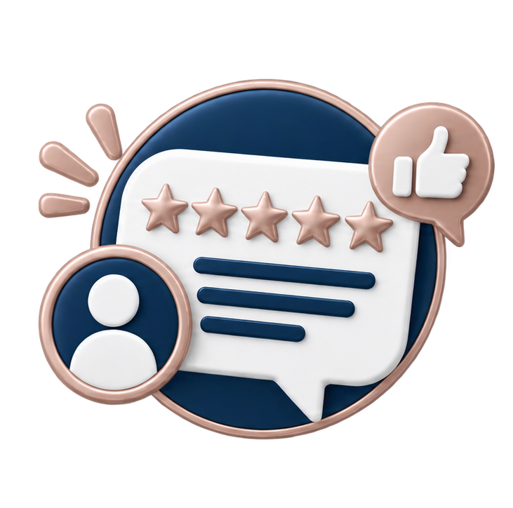 Star rating review icon with speech bubble, user avatar, and thumbs-up badge in blue and gold