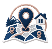 Blue map with gold location pins, mountains, and a house icon.