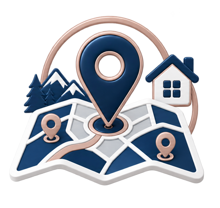 Blue map with gold location pins, mountains, and a house icon.