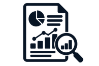 Dark analytics report icon with charts and a magnifying glass