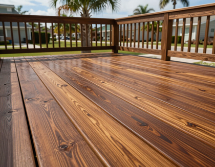 Wet wooden deck with railings overlooking a grassy yard and palm trees