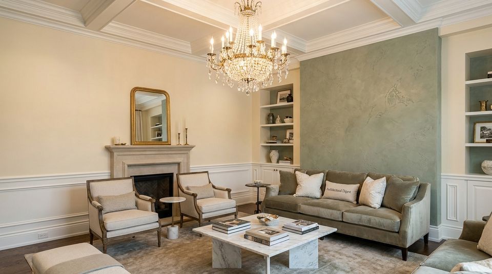 Elegant living room with chandelier, fireplace, patterned sofa, armchairs, and coffee table in soft neutral tones