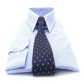 A blue striped shirt with a black polka dot tie