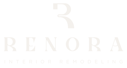 Logo for Renora Interior Remodeling, featuring a stylized 'R' icon above the brand name in a light, serif typeface.