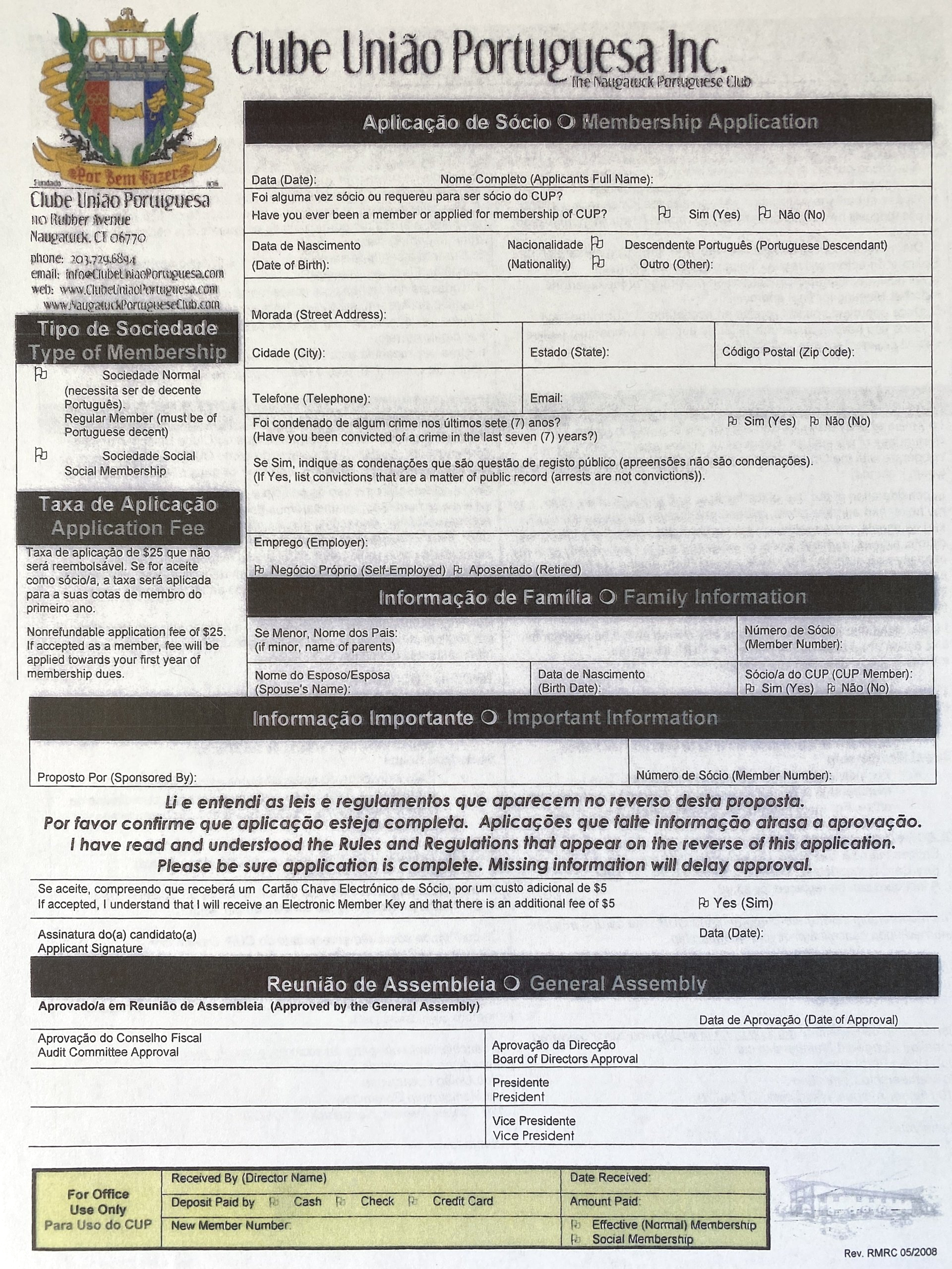 Naugatuck Portuguese Club Membership Application