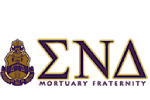 Shield emblem and Greek letters ΣΝΔ in purple and gold, 
