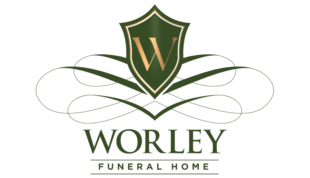Worley Funeral Home logo with green shield and gold “W” above the company name
