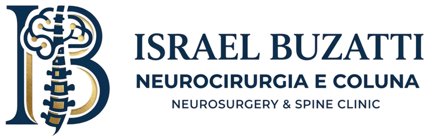 Logotipo da Clínica de Neurocirurgia e Coluna Vertebral Israel Buzatti com emblema médico azul sobre fundo branco.