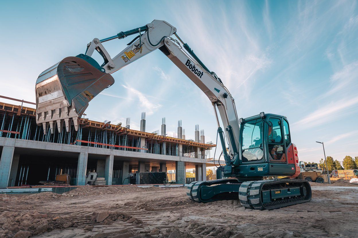 A bulldozer is working on a construction site in front of a building under construction.