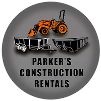 Logo for Parker's Rentals, featuring a tractor and trailers in black and orange on a grey background.