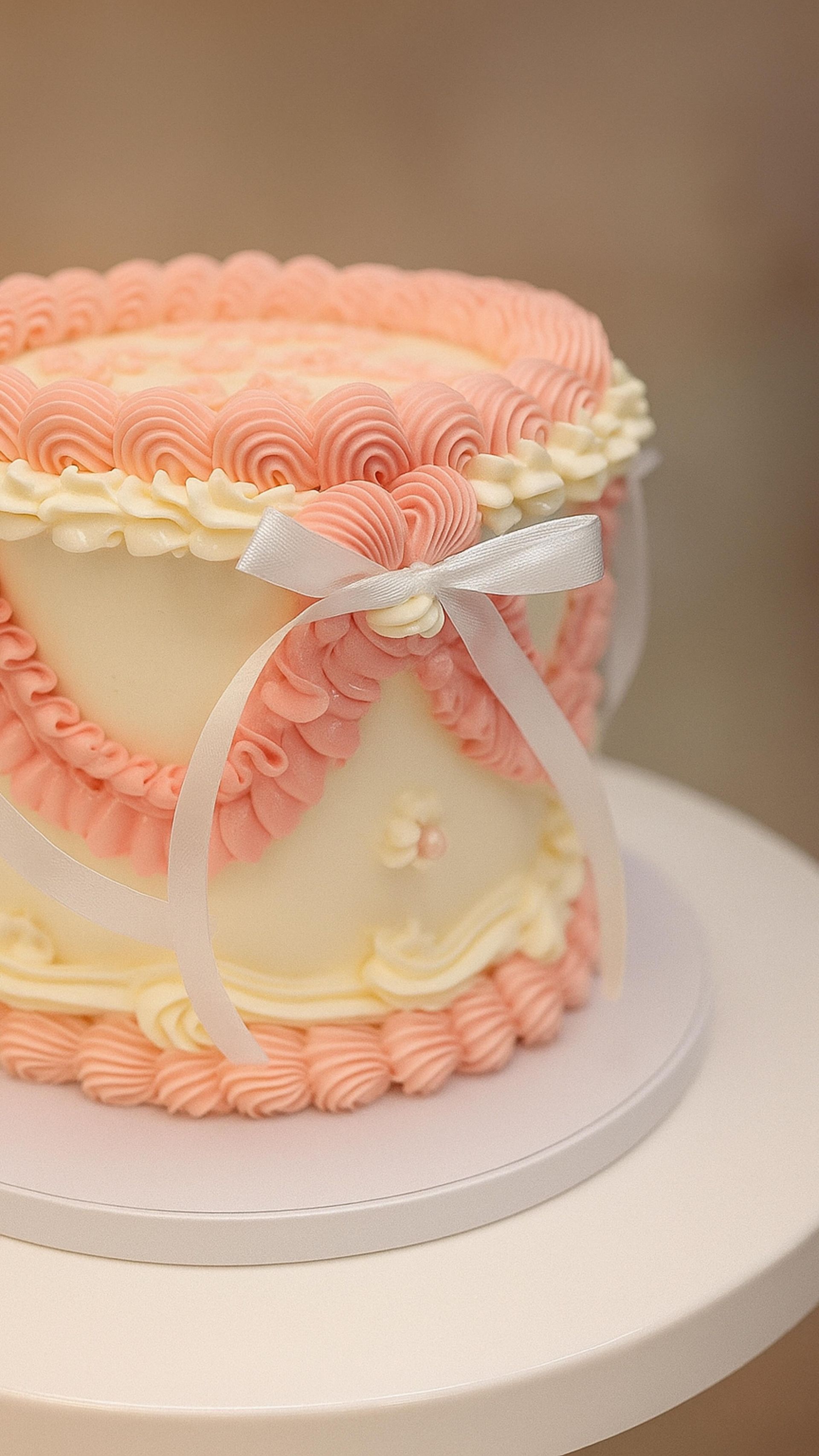 Torta decorata con nastro rosa e bianco, su un'alzata bianca.
