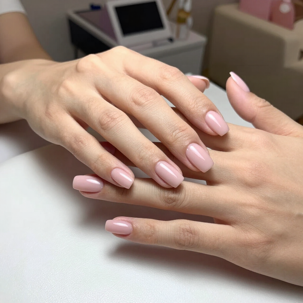 Dos manos con uñas pintadas de color rosa pálido descansando sobre una superficie blanca en el interior.
