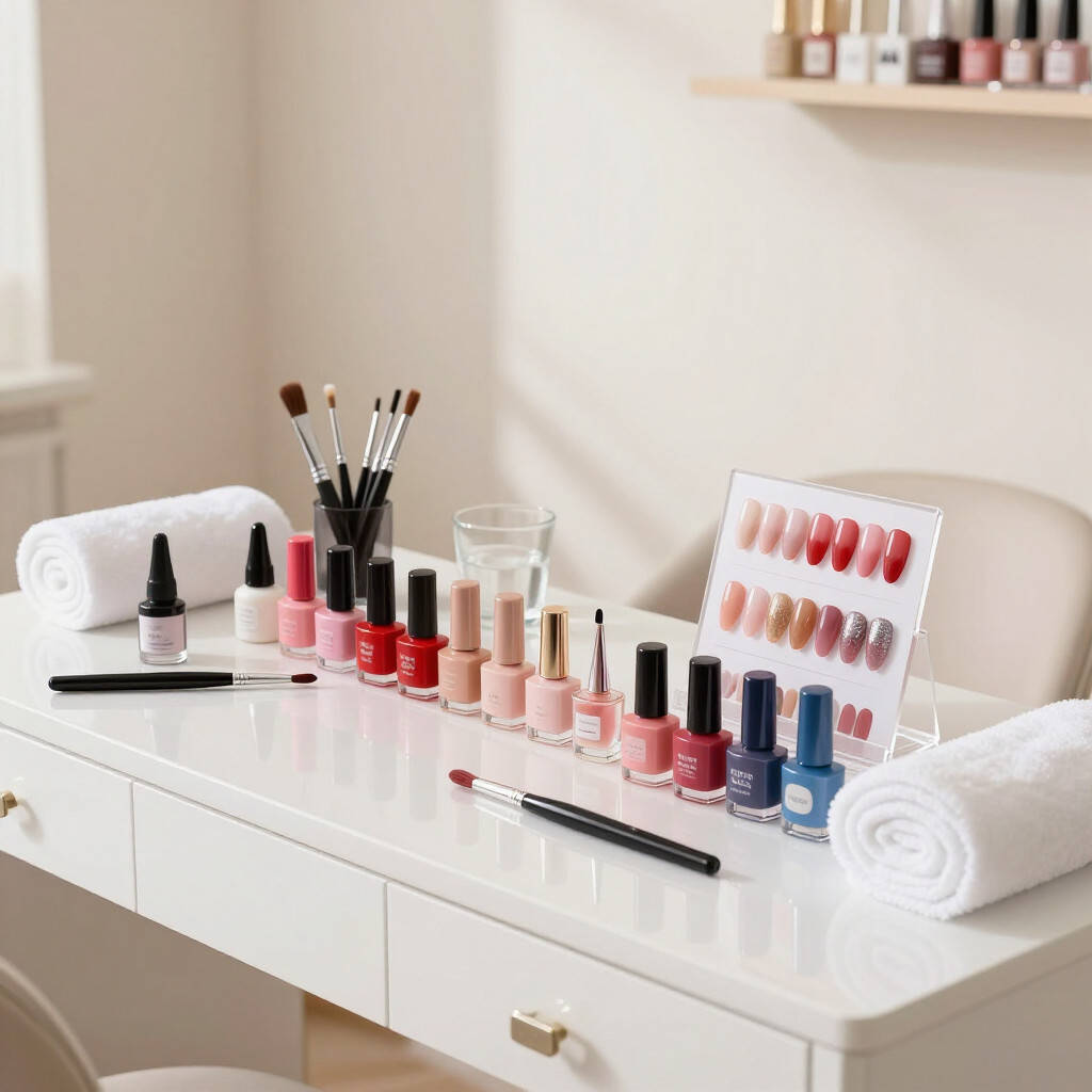 Set de manicura con frascos de esmalte de uñas, pinceles, muestras y toallas enrolladas sobre una mesa blanca.