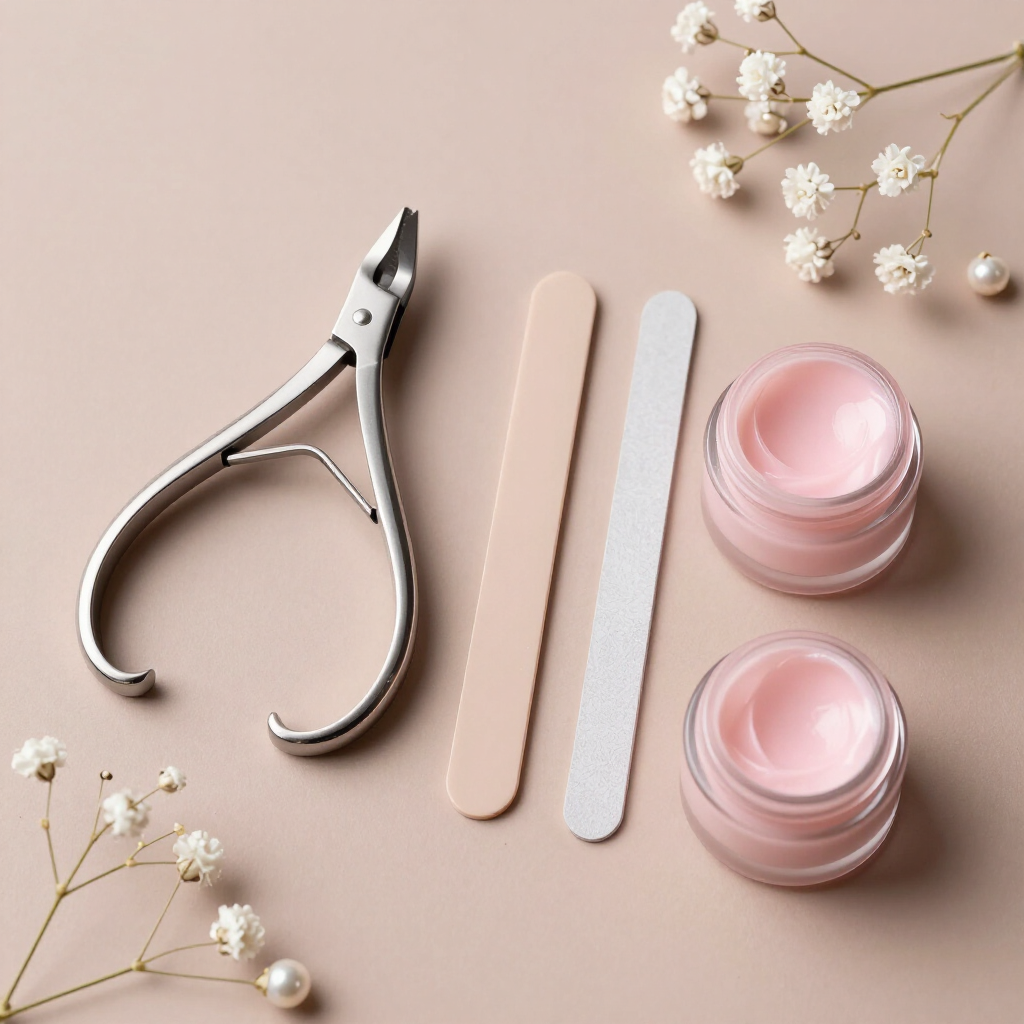Herramientas para el cuidado de las uñas con cortaúñas, limas y crema rosa para cutículas sobre un fondo beige.