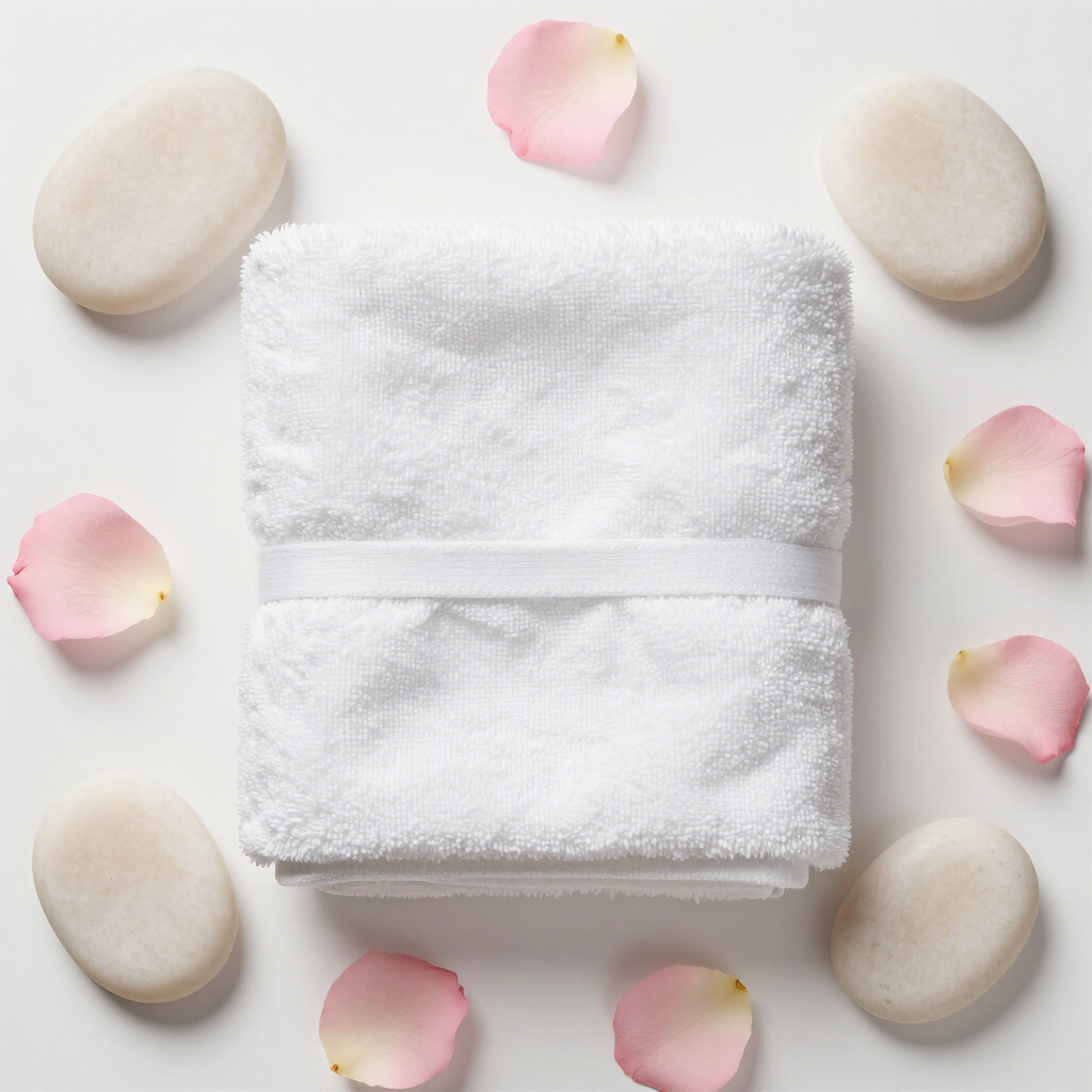 Toalla blanca doblada con piedras de spa y pétalos de flores rosas sobre un fondo claro.