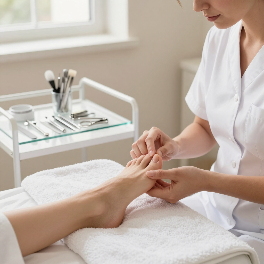 Tratamiento de pedicura con un técnico que masajea el pie del cliente junto a una bandeja de herramientas para uñas.