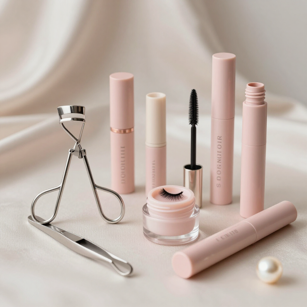 Utensilios de maquillaje y cosméticos de color rosa sobre un fondo beige suave, que incluyen un rizador.
