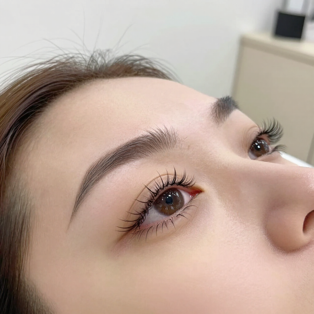 Primer plano del ojo y la ceja de una persona con largas pestañas rizadas en un entorno interior luminoso.