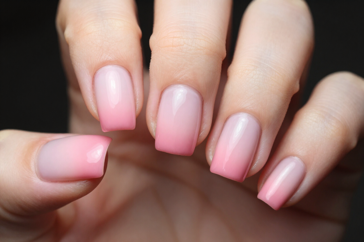 Primer plano de manos con uñas largas de manicura francesa rosa sobre un fondo negro.