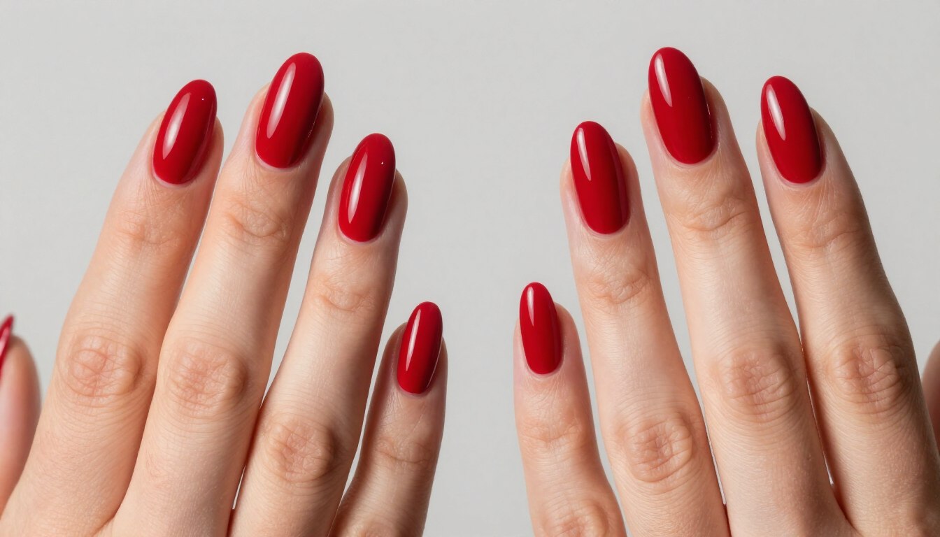 Manos con uñas rojas brillantes y bien cuidadas sobre un fondo claro.