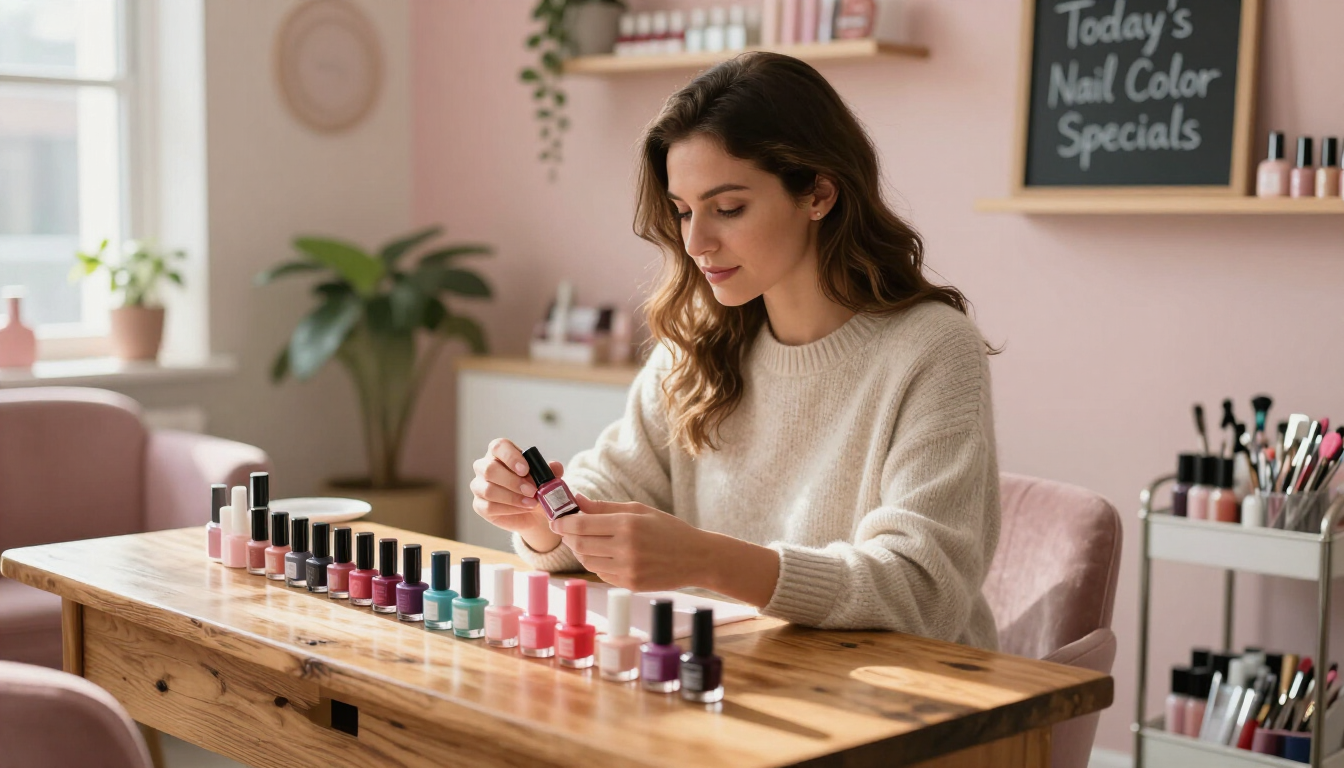 Mujer pintándose las uñas en una mesa de manicura en un salón de uñas rosa con frascos de esmalte y herramientas.