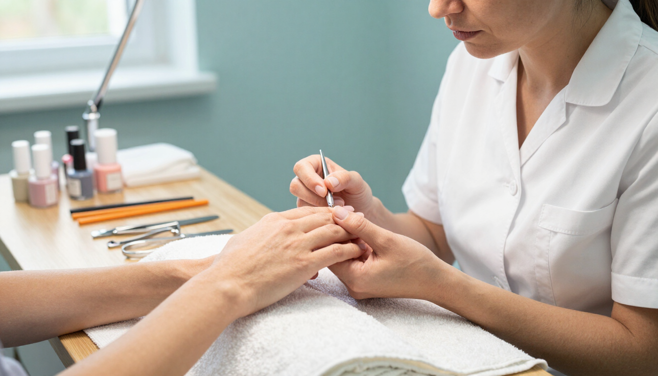 Manicurista pintando uñas en la mano de una clienta en una mesa de salón.