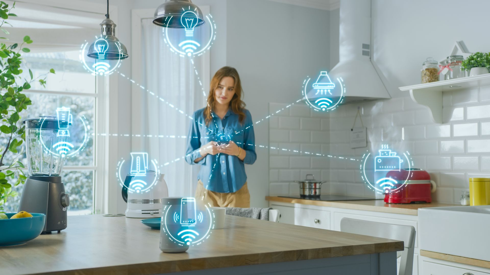 A woman controlling appliances on the phone