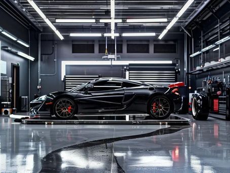 Black sports car in a modern garage on a lift, red accents, shiny floor, tools visible.