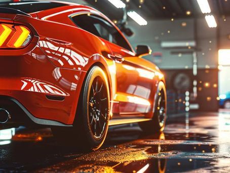 Red sports car in a garage, wet floor reflecting bright light, showcasing the car's shiny exterior.