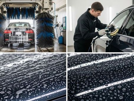 Car being washed and polished: entering car wash, man polishing car, soapy car, water beading on car.