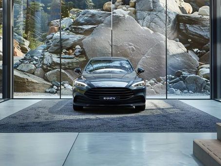 Dark sedan parked on a rug inside a modern home with mountain views through a glass wall.