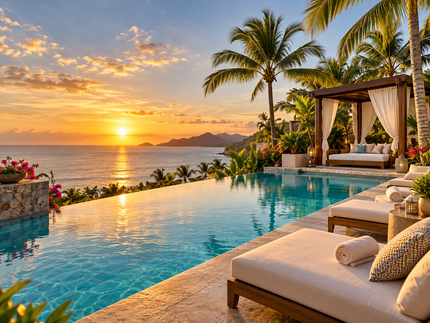 Beach scene with orange umbrella, lounge chair, suitcase, palm tree, and snorkel gear on sand near water