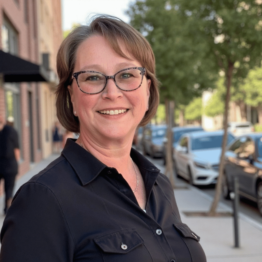 Smiling person in glasses and a black shirt standing on a city sidewalk near parked cars