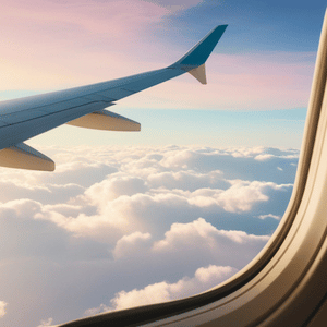 Airplane wing seen from a window above clouds at sunrise