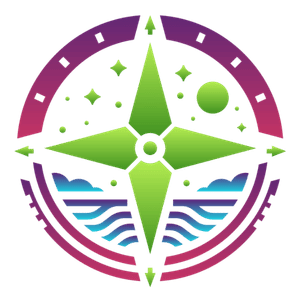 Circular green and purple compass logo with stars, sun, and stylized waves