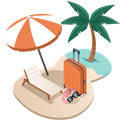 Beach scene with orange umbrella, lounge chair, suitcase, palm tree, and snorkel gear on sand near water