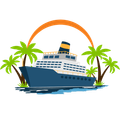 Stylized cruise ship sailing between palm trees with an orange sun arc overhead