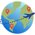 Globe with airplane flight path and red location pins, representing international travel and navigation