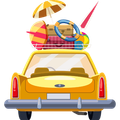 Yellow car with luggage, beach umbrella, surfboard, and suitcase packed on the roof