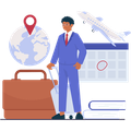 Business traveler with suitcase beside globe, calendar, books, and airplane illustration
